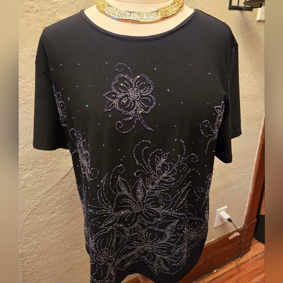 Vintage Y2K Michael K. Beaded Floral Top – Black Sparkle - Picture 8 of 8